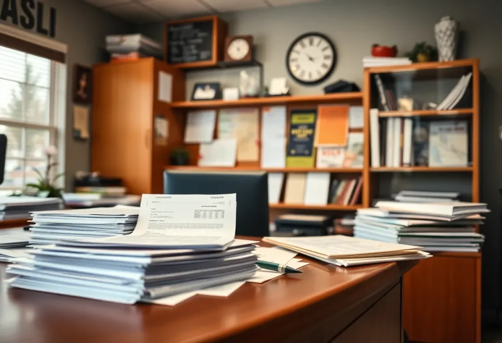 Interior of an accounting office with tax forms and financial documents.