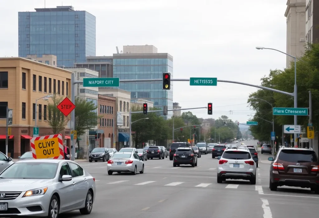 Traffic congestion at an intersection in Rock Hill with construction signs