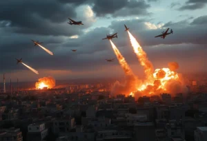 Aerial bombardment over a city representing conflict in Ukraine