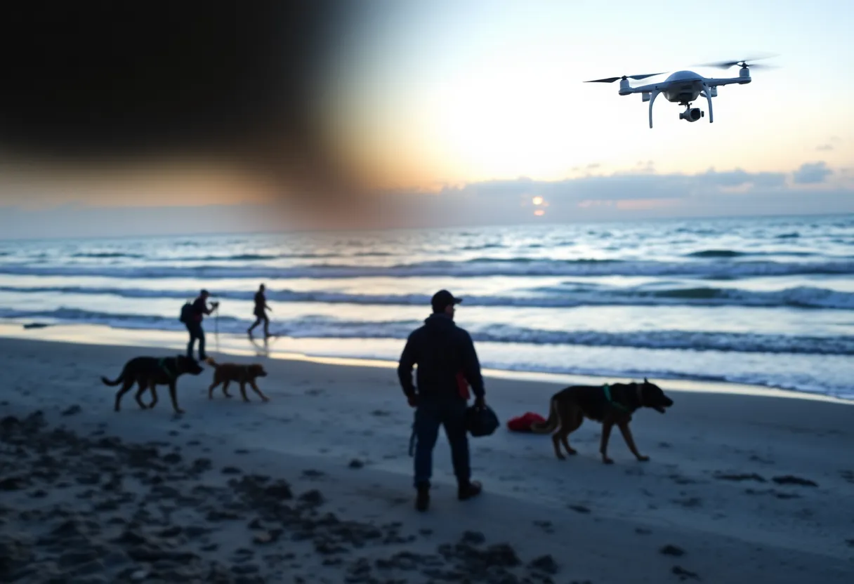 Rescue teams searching the beach for a missing college student.