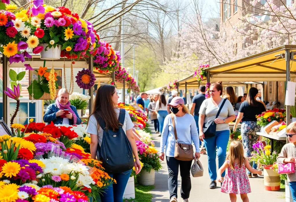 A scene from The Bowl In Bloom floral festival in Charlotte, showcasing colorful flowers and local vendors.